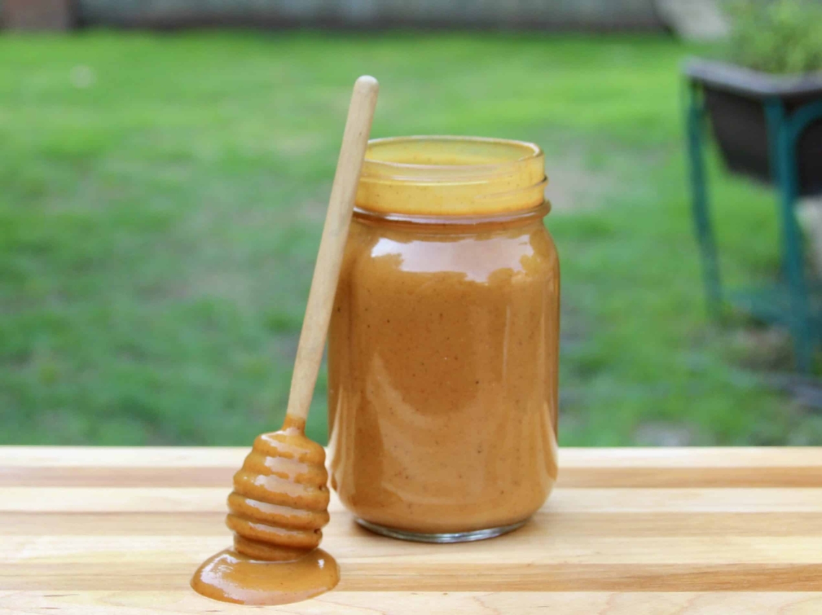 mustard BBQ sauce in a jar.