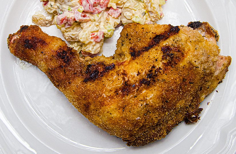 breaded chicken leg with home made bread crumbs.