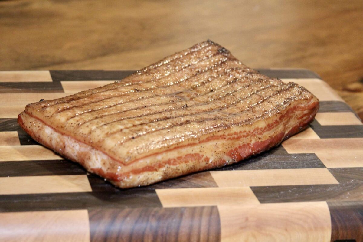 Cured and smoked pork belly.