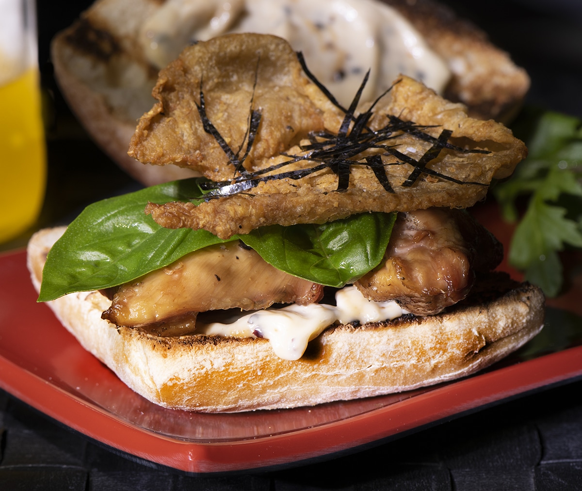 chicken skin and chicken thigh sandwich