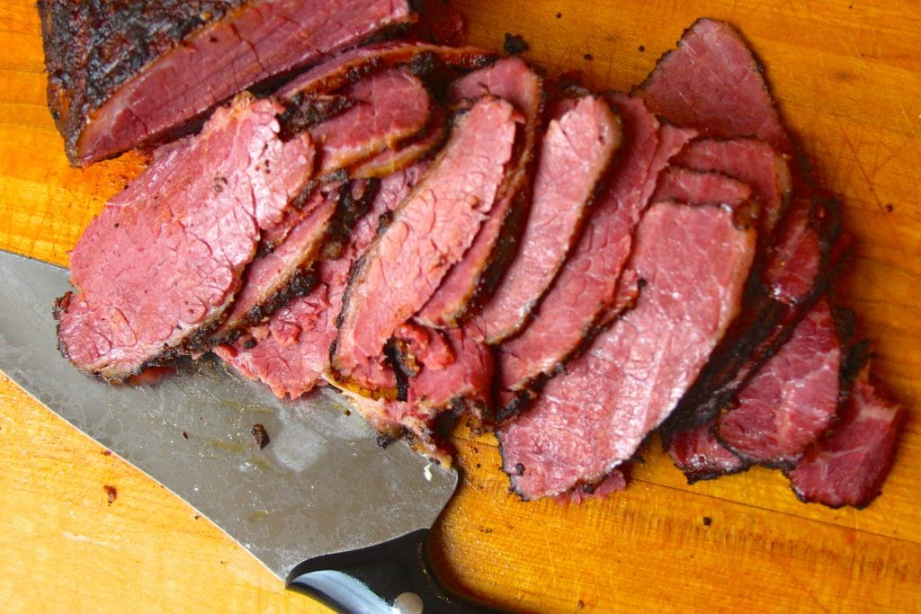 Sliced sous vide and smoked pastrami