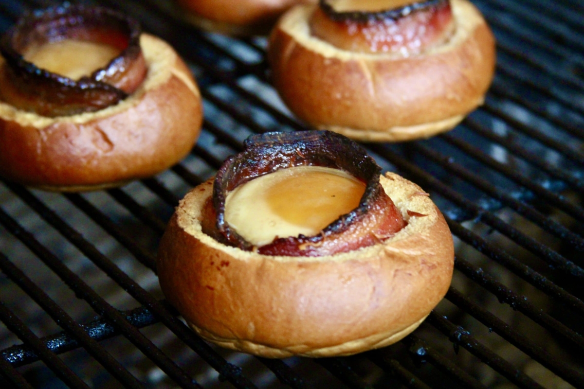 Candied bacon and egg breakfast bread bowls