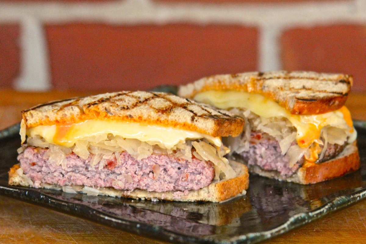 Reuben burger plated