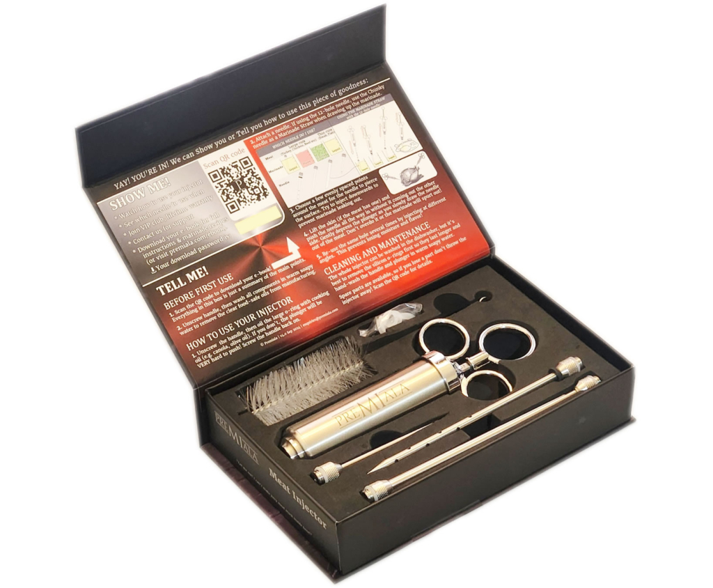 Premiala injector and parts in an open box