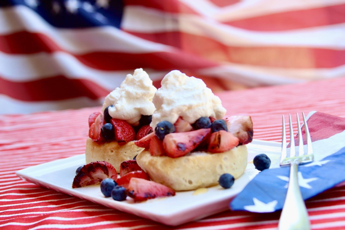 Grilled strawberry shortcake with whipped cream