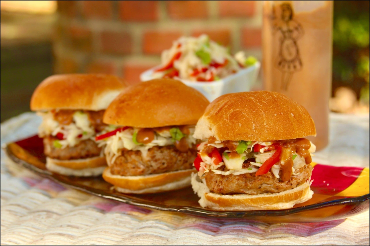 Pork satay sliders on a platter
