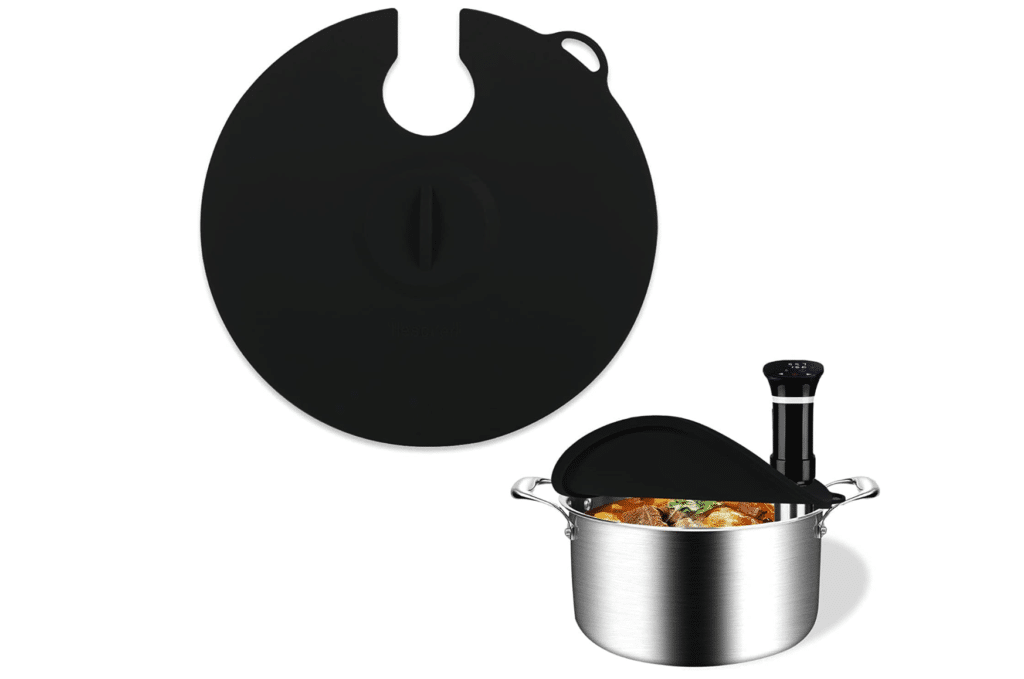 Silicone pot lid for sous vide immersion circulator.