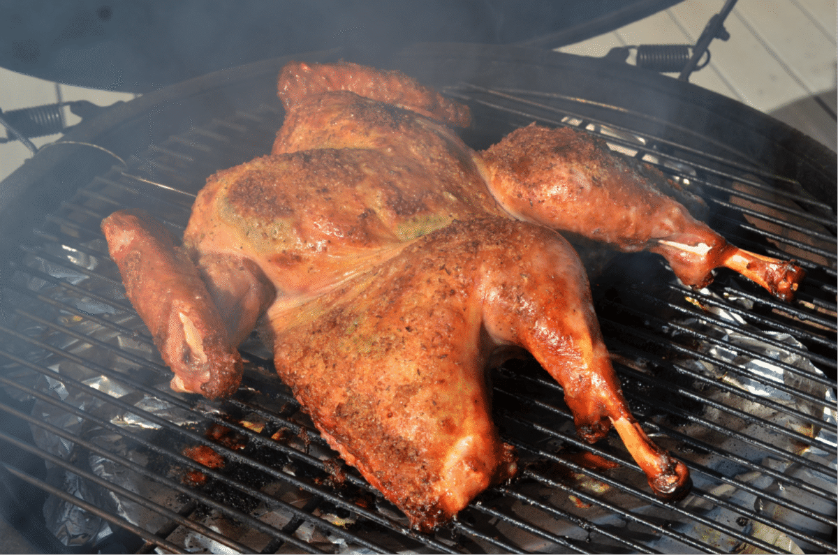 Spatchcocked turkey on the grill