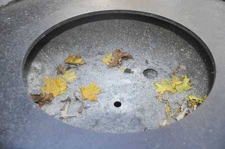 Large round metal bowl with autumn leaves inside.