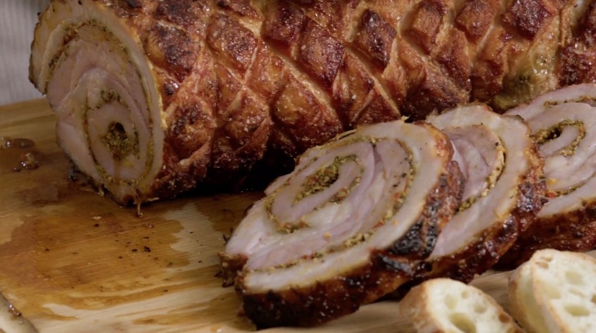 Porchetta slice showing off spiral