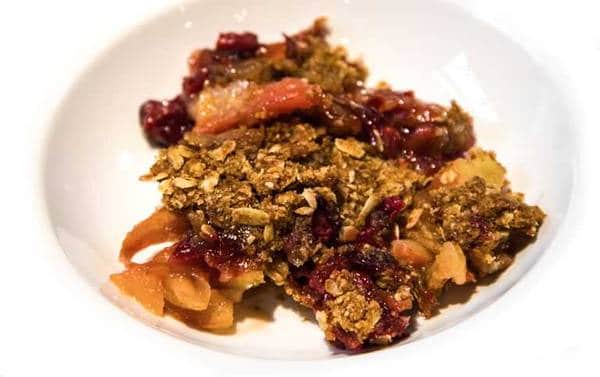 Apple cranberry crisp in a bowl
