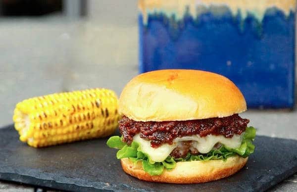 hamburger and grilled corn