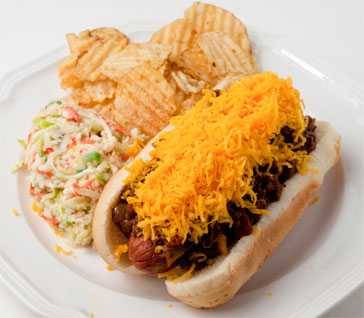 Cincinnati chili cheese hot dog plated