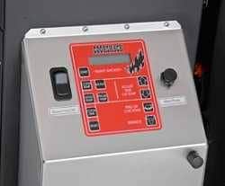 Grey control box with red panel in the midddle. There are various knobs and buttons and an LED display.