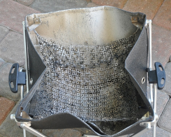 Black Leathery basket soiled with grease and ashes.