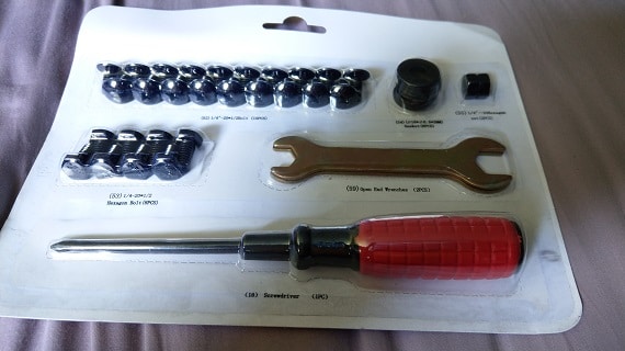Shrink wrapped tools and screws.