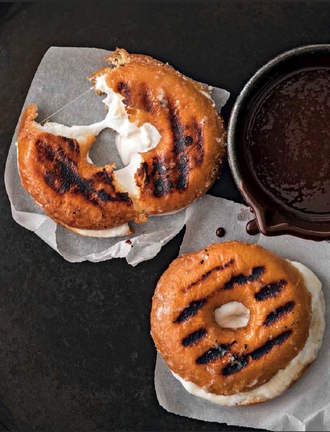 Grilled marshmallow filled donuts with chocolate sauce