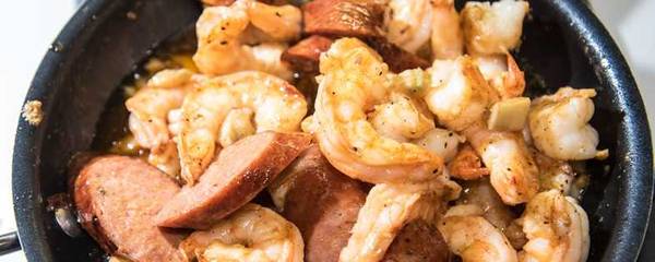 Shrimp and andouille sausage in a bowl