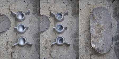 Three pictures side by side. Left and middle are three holes with ash all around. Right is the holes covered by an oval piece of metal.