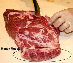 money muscle shown on a pork butt for a BBQ pulled pork recipe
