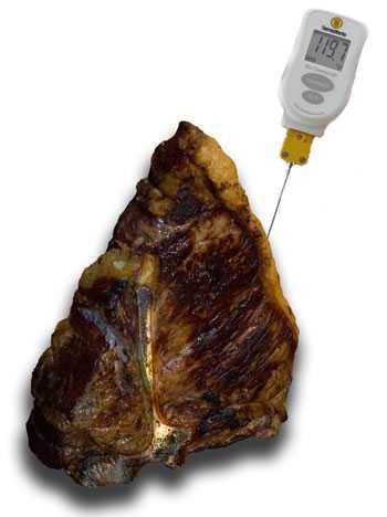 cooked meat with a temperature probe