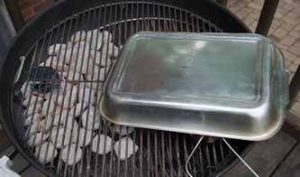 Placing a pan over a steak on the grill