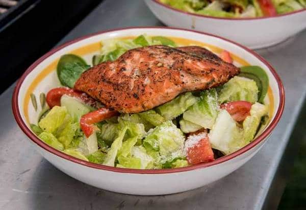 Seared salmon on a salad