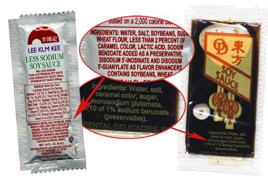 ingredient labels on soy sauce packets
