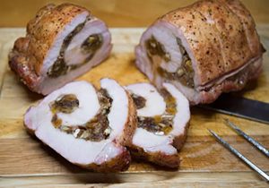smoked stuffed pork loin roast sliced