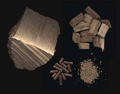 wood logs, chunks, chips, and pellets