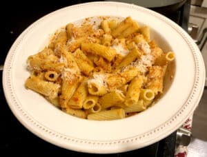 Grilled tomato pesto on pasta.