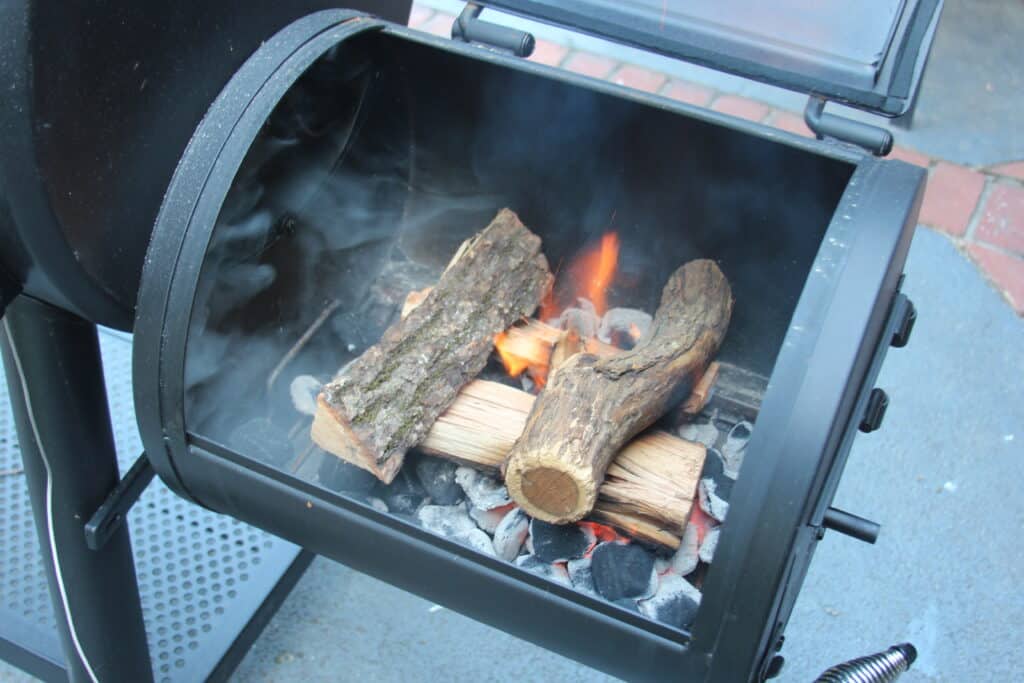 Wood burning in side firebox of the Grand Champ