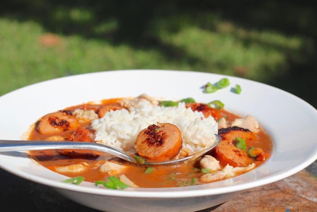 turkey gumbo in a bowl.