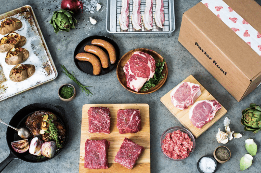 meat products sold by porter road, including steaks, sausages, bacon and ground beef.