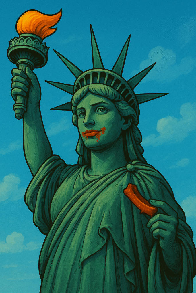 Cartoon of the Statue Of Liberty with BBQ sauce around her mouth and holding a rib.