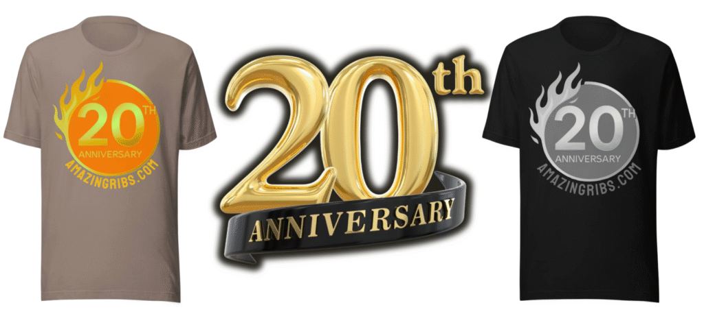 Two AmazingRibs.com 20th Anniverary T-shirts and anniversary logo.